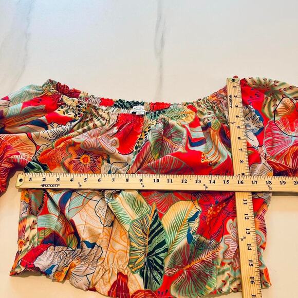 Boho floral palm multi-coloured off-the-shoulder blouse with ruffle sleeves - Picture 8 of 8
